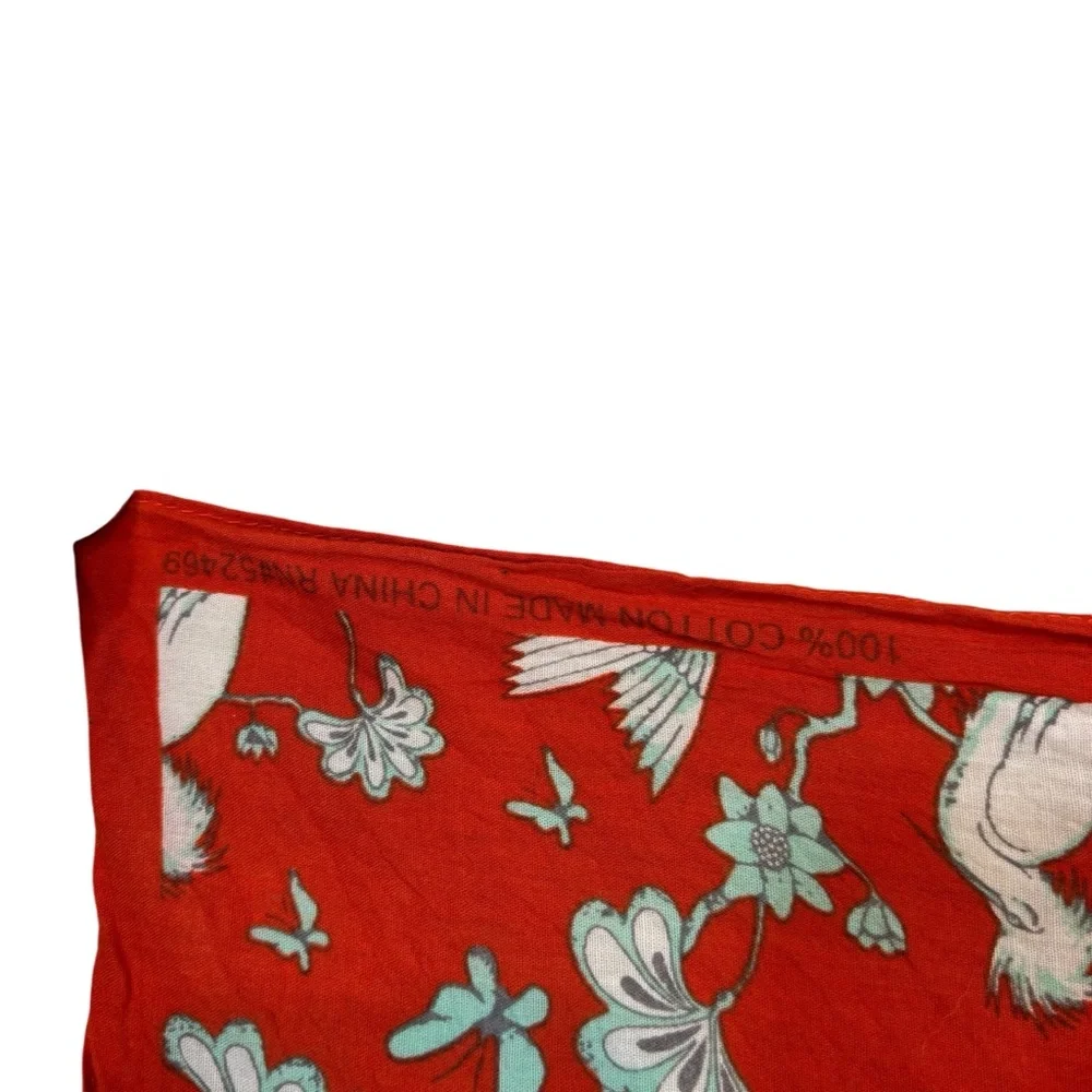 Ladies Vintage‎ Square Red Scarf Bird and Floral Print 100% Cotton